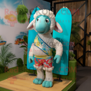 Turquoise Sheep mascot costume character dressed with a Board Shorts and Necklaces