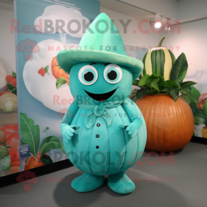 Turquoise Melon mascot costume character dressed with a Midi Dress and Earrings