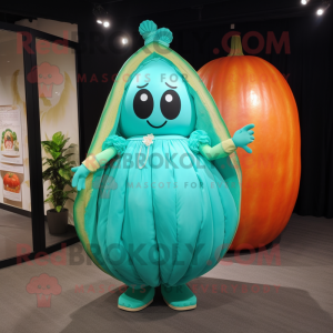 Turquoise Melon mascot costume character dressed with a Midi Dress and Earrings