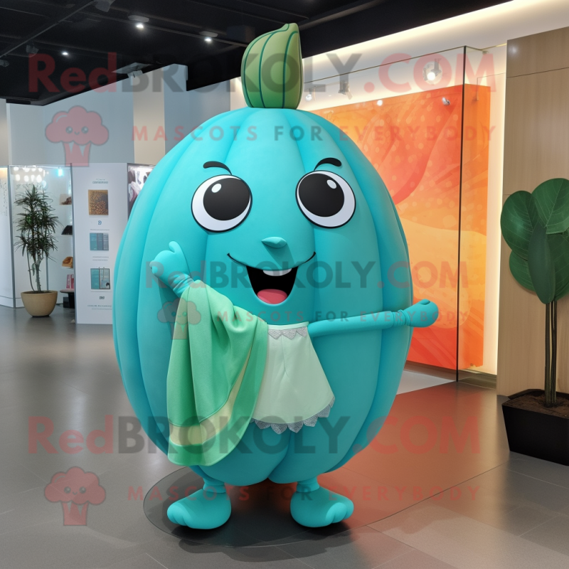 Turquoise Melon mascot costume character dressed with a Midi Dress and Earrings Turquoise Melon mascot costume character dressed with a Midi Dress and Earrings