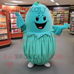 Turquoise Melon mascot costume character dressed with a Midi Dress and Earrings