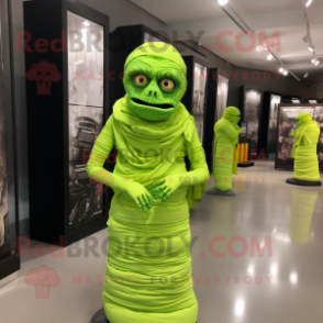 Lime Green Mummy mascot costume character dressed with a Evening Gown and Messenger bags