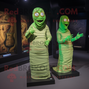 Lime Green Mummy mascot costume character dressed with a Evening Gown and Messenger bags