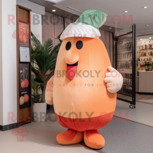 Peach Aglet mascot costume character dressed with a Chinos and Mittens