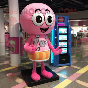 Pink Gumball Machine mascot costume character dressed with a One-Piece Swimsuit and Wallets