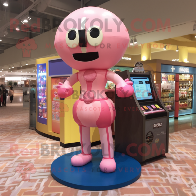 Pink Gumball Machine mascot costume character dressed with a One-Piece Swimsuit and Wallets Pink Gumball Machine mascot costume character dressed with a One-Piece Swimsuit and Wallets