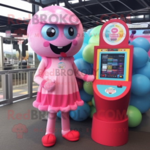 Pink Gumball Machine mascot costume character dressed with a One-Piece Swimsuit and Wallets