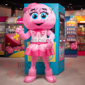 Pink Gumball Machine mascot costume character dressed with a One-Piece Swimsuit and Wallets