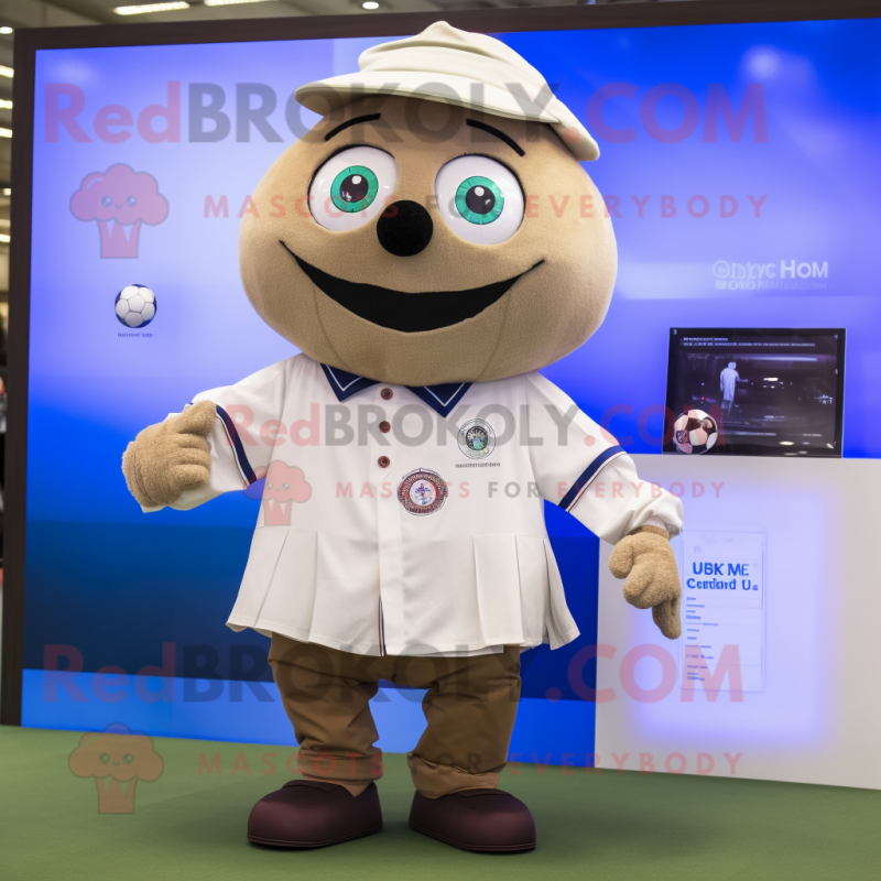 Beige Soccer Ball mascot costume character dressed with a Oxford Shirt and Digital watches