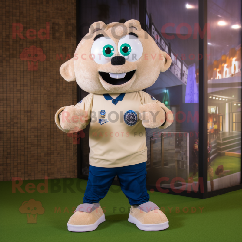 Beige Soccer Ball mascot costume character dressed with a Oxford Shirt and Digital watches