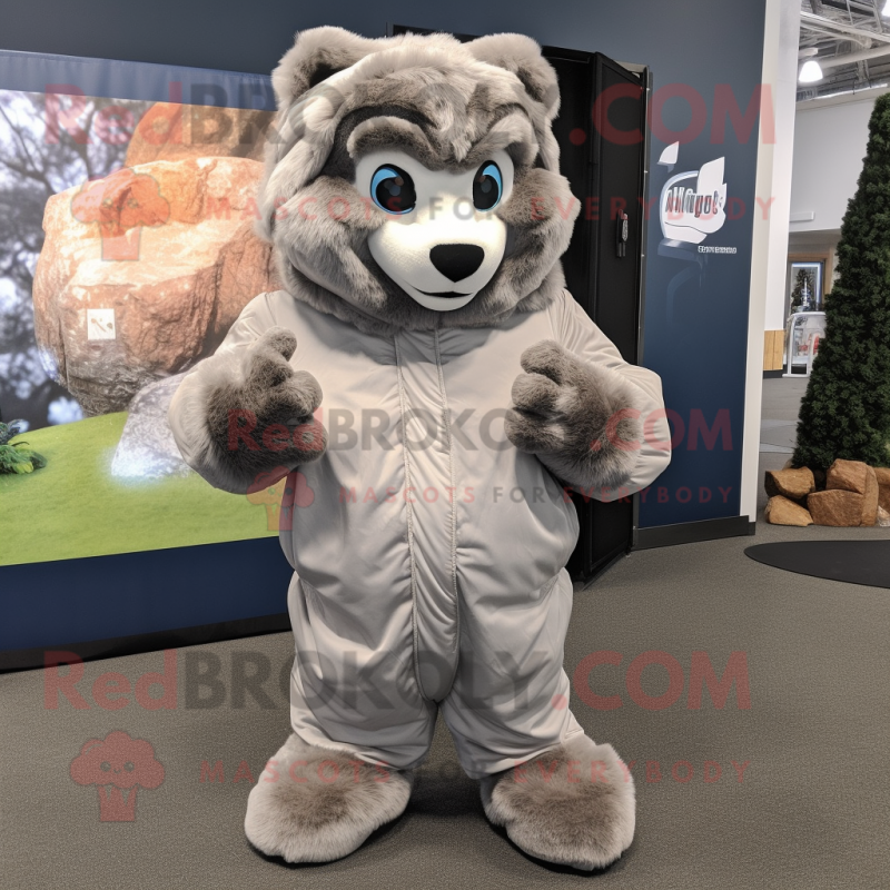 Gray Mountain Lion mascot costume character dressed with a Parka and Gloves