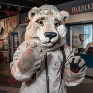 Gray Mountain Lion mascot costume character dressed with a Parka and Gloves