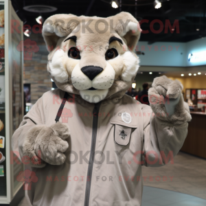 Gray Mountain Lion mascot costume character dressed with a Parka and Gloves