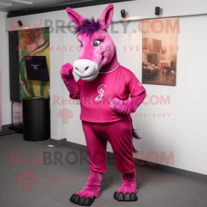 Magenta Donkey mascot costume character dressed with a Jeggings and Bracelet watches