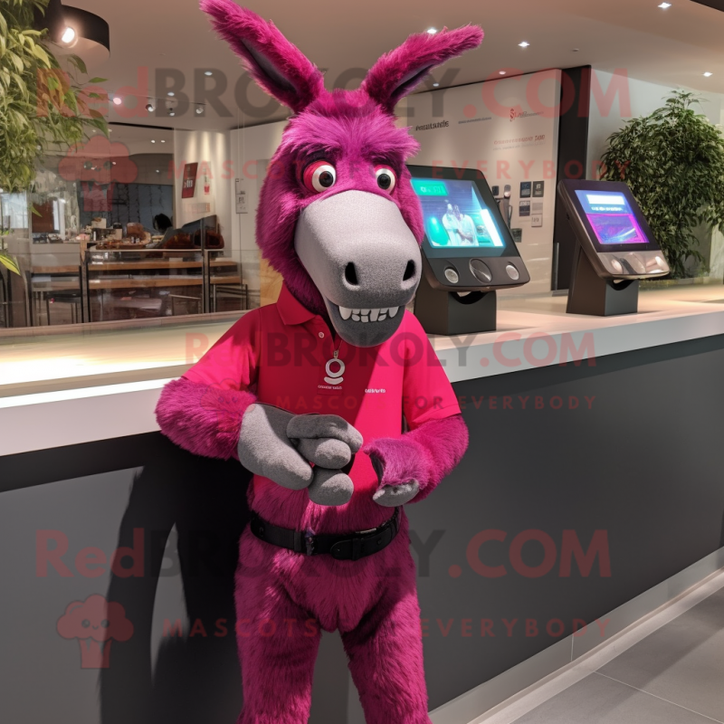 Magenta Donkey mascot costume character dressed with a Jeggings and Bracelet watches Magenta Donkey mascot costume character dressed with a Jeggings and Bracelet watches