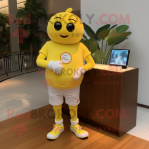 Lemon Yellow Mango mascot costume character dressed with a Henley Shirt and Bracelet watches