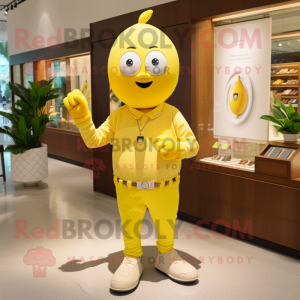 Lemon Yellow Mango mascot costume character dressed with a Henley Shirt and Bracelet watches