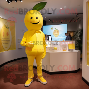 Lemon Yellow Mango mascot costume character dressed with a Henley Shirt and Bracelet watches