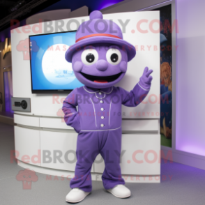 Lavender Television mascot costume character dressed with a Jumpsuit and Hats