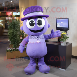 Lavender Television mascot costume character dressed with a Jumpsuit and Hats