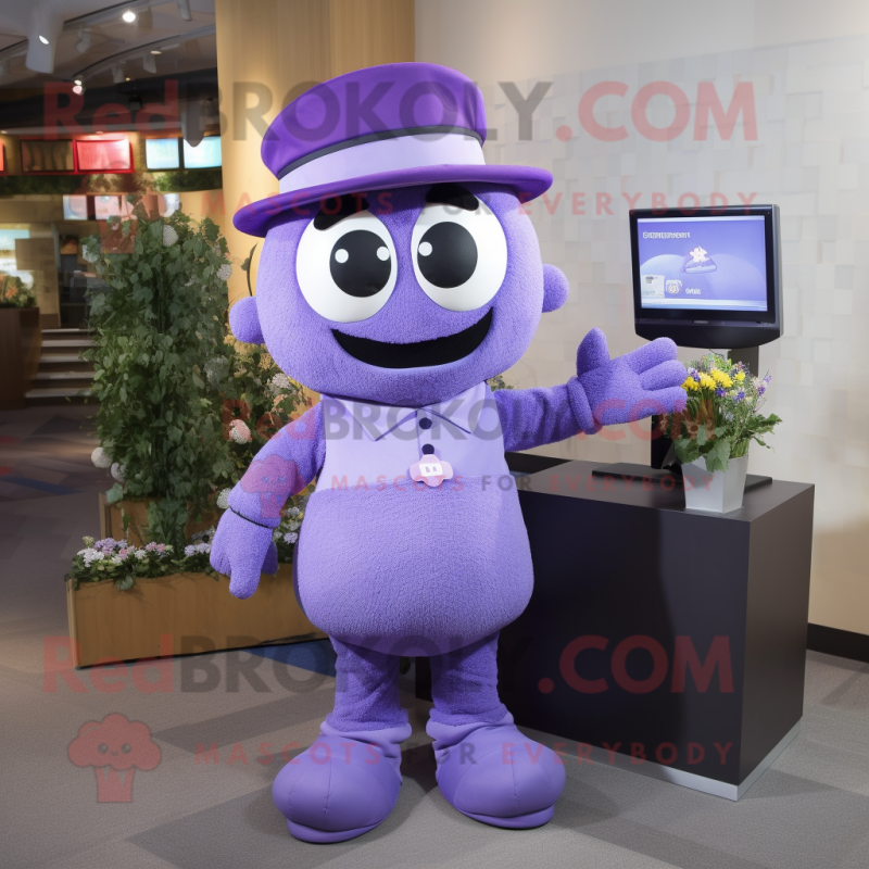 Lavender Television mascot costume character dressed with a Jumpsuit and Hats