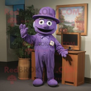 Lavender Television mascot costume character dressed with a Jumpsuit and Hats