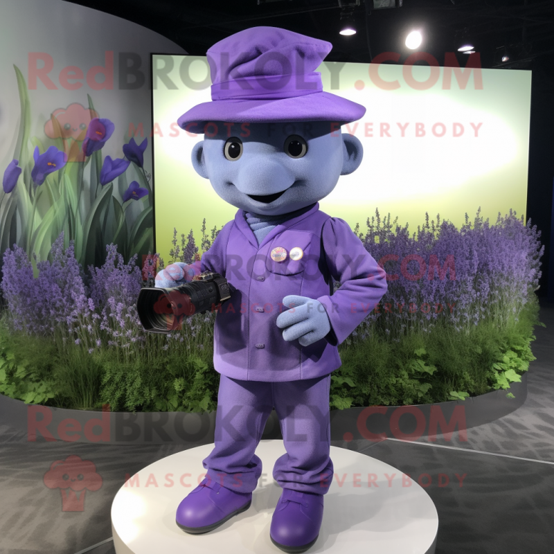 Lavender Television mascot costume character dressed with a Jumpsuit and Hats