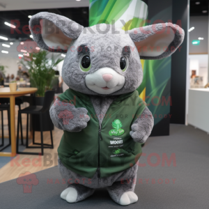 Forest Green Chinchilla mascot costume character dressed with a Sweatshirt and Wraps