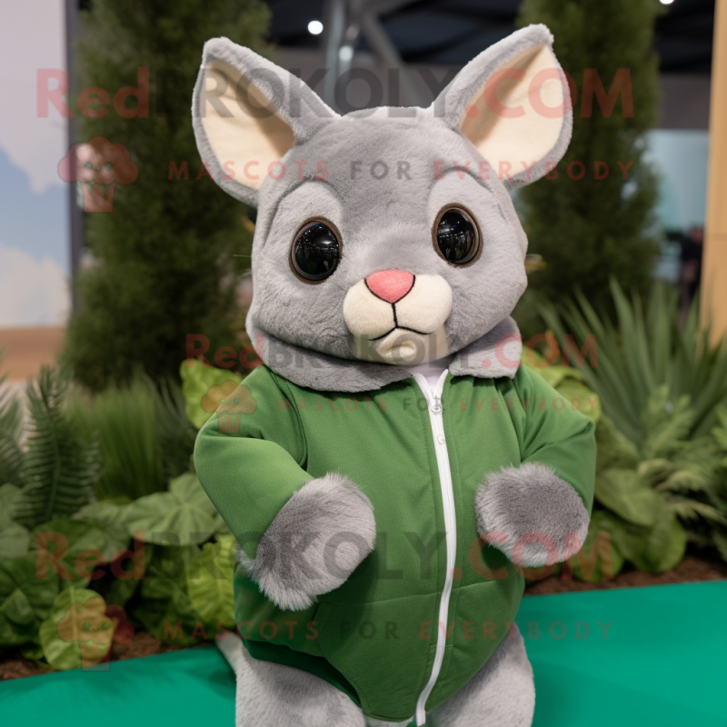 Forest Green Chinchilla mascot costume character dressed with a Sweatshirt and Wraps