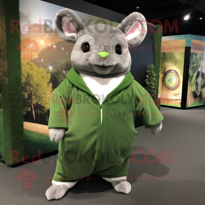 Forest Green Chinchilla mascot costume character dressed with a Sweatshirt and Wraps