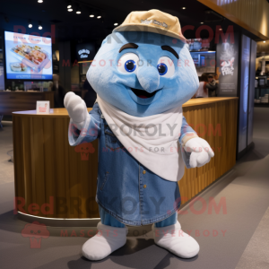 Cream Fish And Chips mascot costume character dressed with a Denim Shirt and Shawls