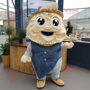 Cream Fish And Chips mascot costume character dressed with a Denim Shirt and Shawls