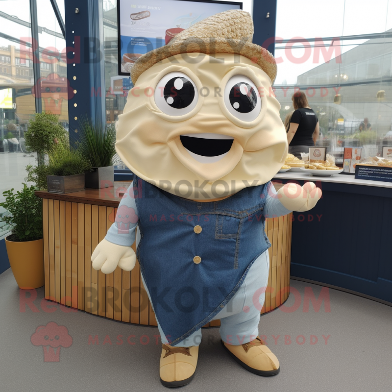 Cream Fish And Chips mascot costume character dressed with a Denim Shirt and Shawls Cream Fish And Chips mascot costume character dressed with a Denim Shirt and Shawls