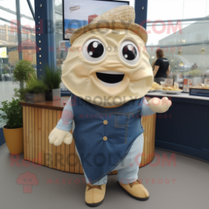 Cream Fish And Chips mascot costume character dressed with a Denim Shirt and Shawls