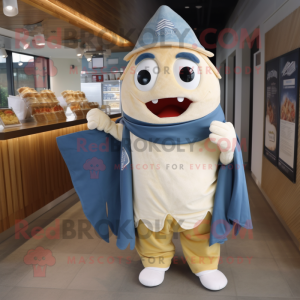 Cream Fish And Chips mascot costume character dressed with a Denim Shirt and Shawls