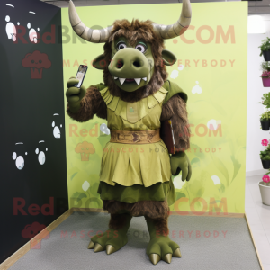 Olive Minotaur mascot costume character dressed with a Mini Dress and Messenger bags