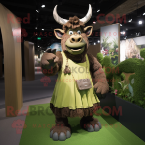 Olive Minotaur mascot costume character dressed with a Mini Dress and Messenger bags