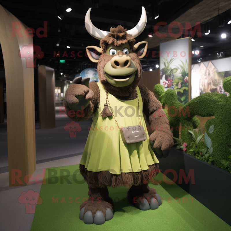 Olive Minotaur mascot costume character dressed with a Mini Dress and Messenger bags Olive Minotaur mascot costume character dressed with a Mini Dress and Messenger bags