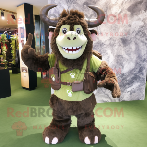 Olive Minotaur mascot costume character dressed with a Mini Dress and Messenger bags