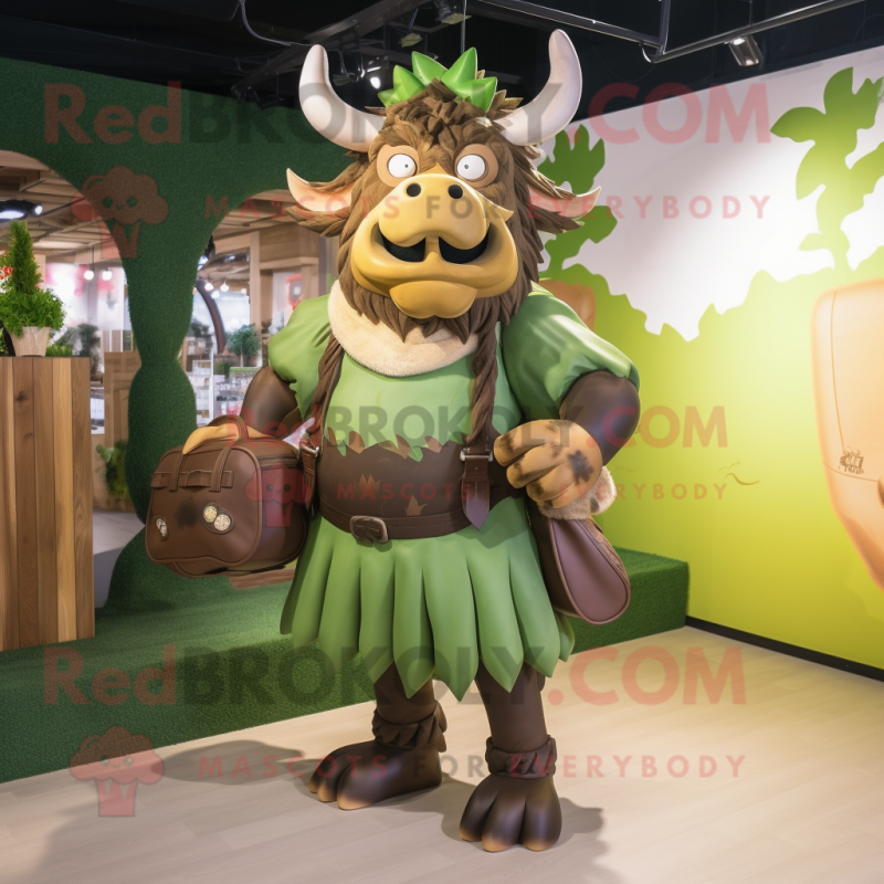Olive Minotaur mascot costume character dressed with a Mini Dress and Messenger bags Olive Minotaur mascot costume character dressed with a Mini Dress and Messenger bags
