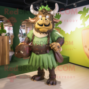 Olive Minotaur mascot costume character dressed with a Mini Dress and Messenger bags