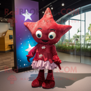 Maroon Starfish mascot costume character dressed with a Mini Skirt and Keychains