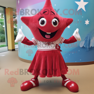 Maroon Starfish mascot costume character dressed with a Mini Skirt and Keychains