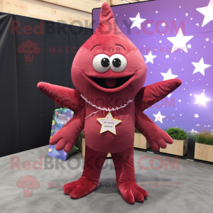 Maroon Starfish mascot costume character dressed with a Mini Skirt and Keychains