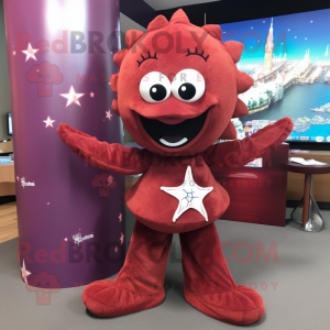 Maroon Starfish mascot costume character dressed with a Mini Skirt and Keychains