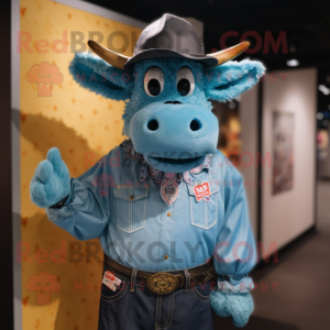 Cyan Beef Stroganoff mascot costume character dressed with a Chambray Shirt and Lapel pins