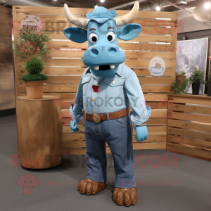 Cyan Beef Stroganoff mascot costume character dressed with a Chambray Shirt and Lapel pins