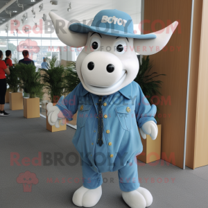 Cyan Beef Stroganoff mascot costume character dressed with a Chambray Shirt and Lapel pins