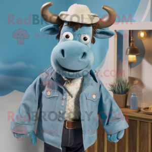 Cyan Beef Stroganoff mascot costume character dressed with a Chambray Shirt and Lapel pins