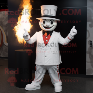 White Fire Eater mascot costume character dressed with a Suit Pants and Hats